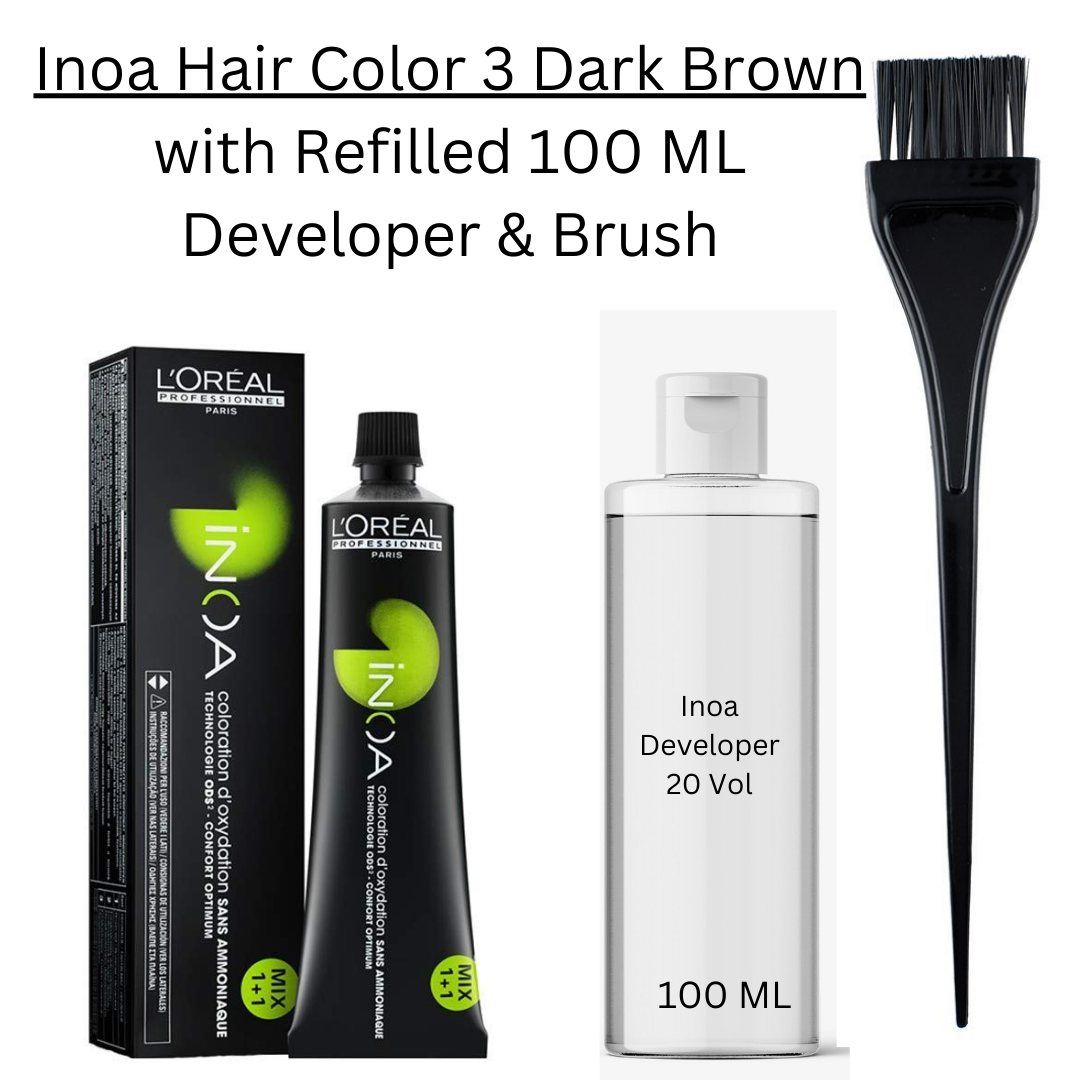 Loreal Inoa No 3 Hair Color Tube (1) with Inoa Refilled 100 ML Developer & brush.
