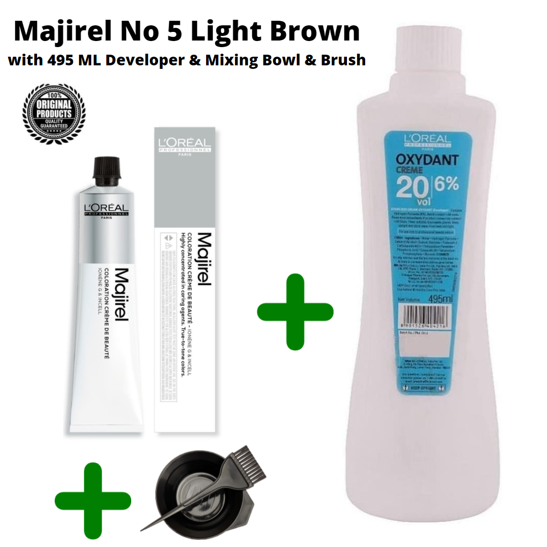 Majirel Hair Color No 5 Light Brown along with Developer and mixing Bowl Brush professional